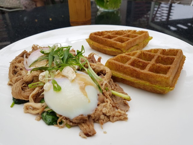 Pulled Pork Eggs Benedict With Spring Onion Waffles