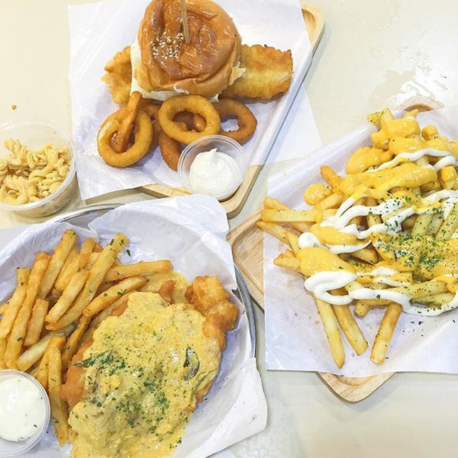 Salted Egg Fish & Chips, Crispy Fish Burger, Cheese Fries