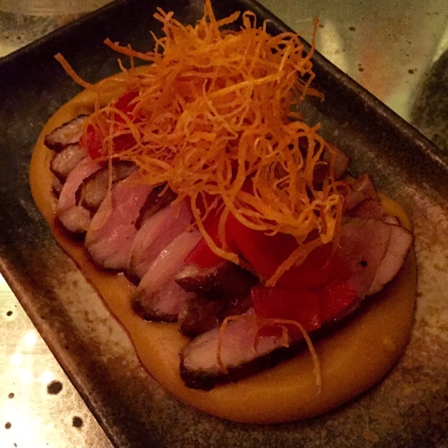 ILLED DUCK BREAST: “katsu curry” pumpkin puree, japanese red pickles