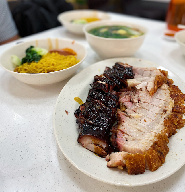 Char siew + roast pork platter for 3 with noodles and dumpling soup ($35).