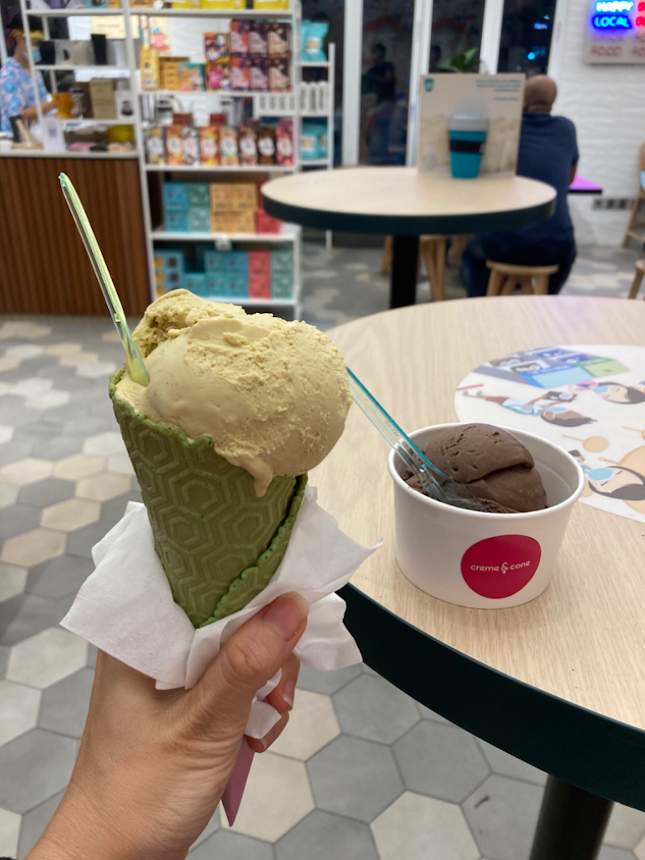 Deep dark chocolate cup and Pistachio with Pandan cone (+$1) 