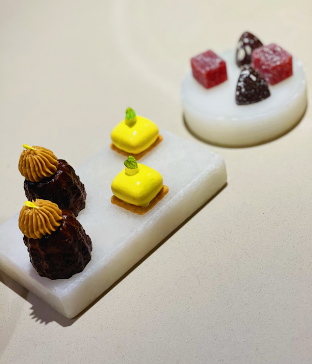 Petit Fours: Almond Cashew nut Canale|Quince Mousse with Long Pepper|Green Apple Pate Fruit| Dark Chocolate Bonbons