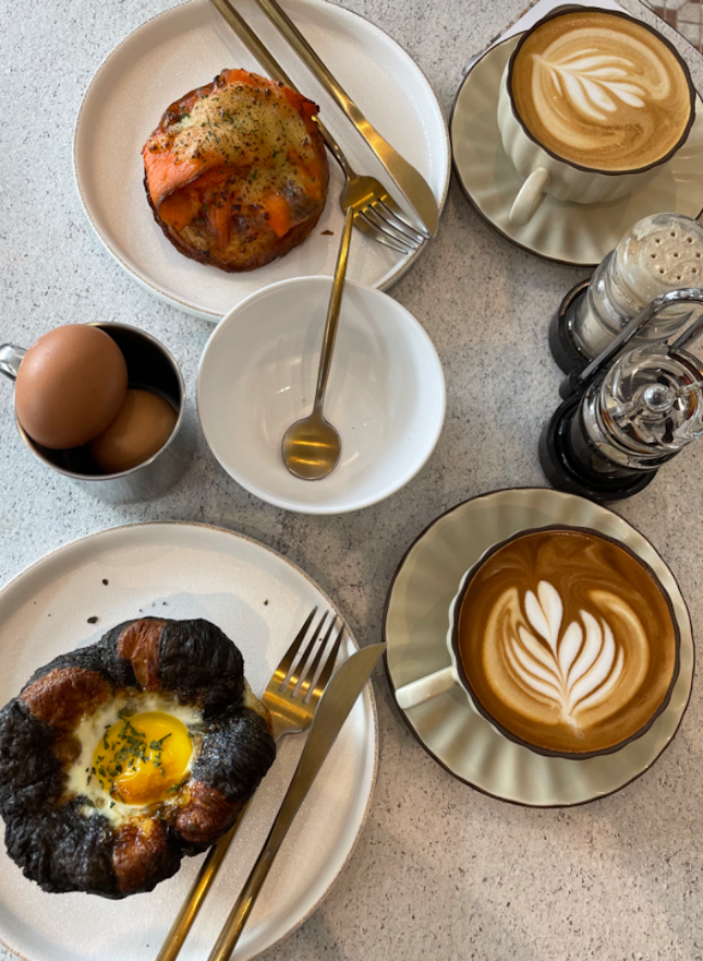 Salmon Kouign Amann, Big Breakfast, Latte and Soft Boiled Eggs