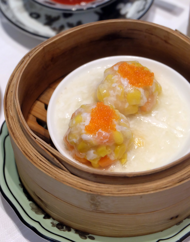 Steamed Prawn Dumpling with Crab Roe, Sweet Corn, Carrot, and Chinese Parsley