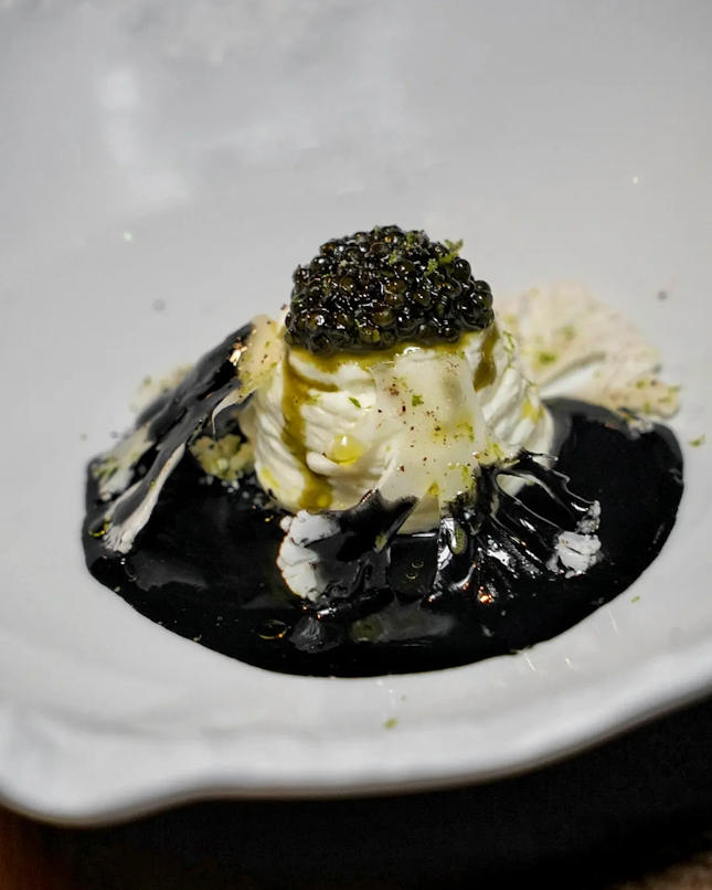 Cauliflower Cream with Squid Ink Sauce and Kaviari Caviar