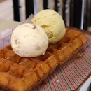 Waffles [Sicilian Pistachio and mystery flavour of the day, Peanut Butter with Banana Cake]