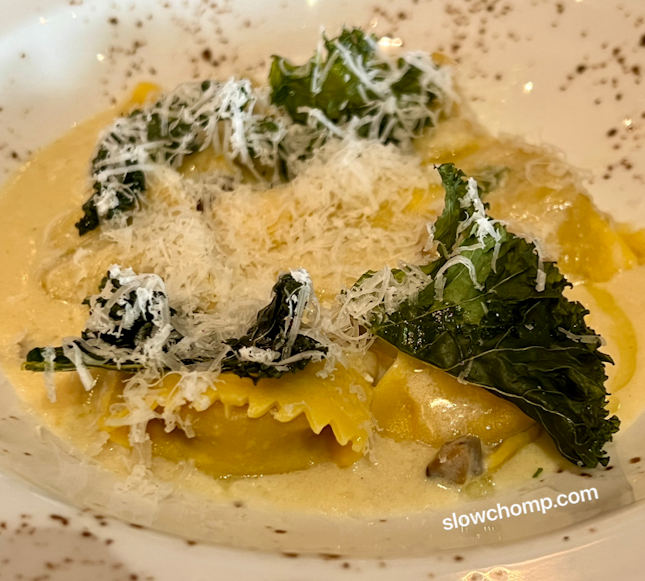Veal Agnolotti, Taleggio Fondue, Porcini Mushrooms, Tuscan Kale