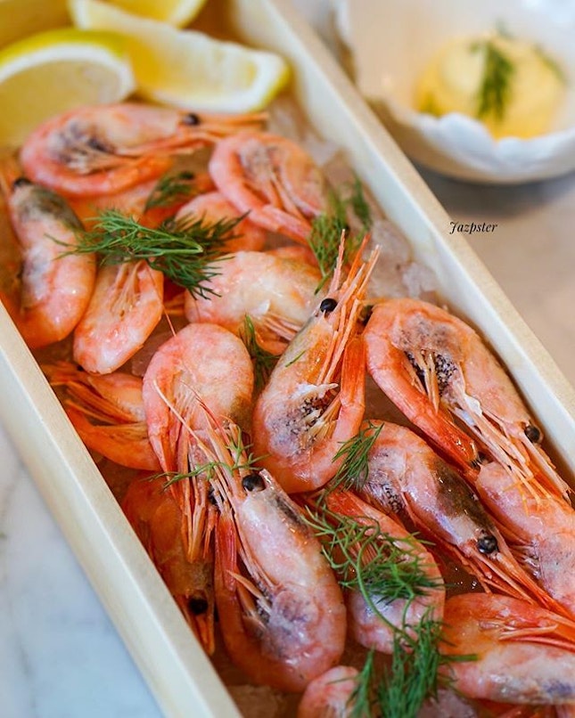 Greenland prawns--sweet, succulent and some with packed with roe--on ice, enjoyed simply yet decadently with Norwegian mayonnaise.