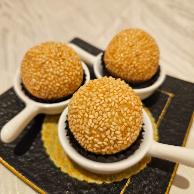 Deep fried sesame ball with red bean and chocolate liquer filling ($9++)