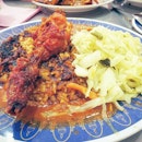 Nasi Kandar with "kuah banjir" -- a whole dollop of gravies until the rice actually swims in it -- and crispy chicken.