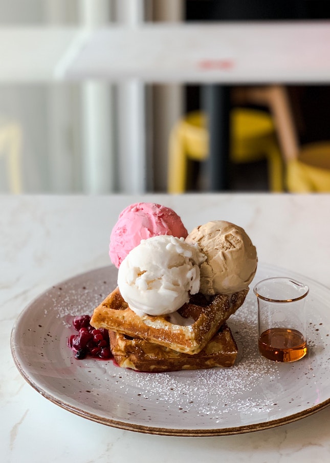 Signature Waffles with Elderflower Lime Sorbet, Butterscotch Ice-Cream and Bandung Ice-Cream
