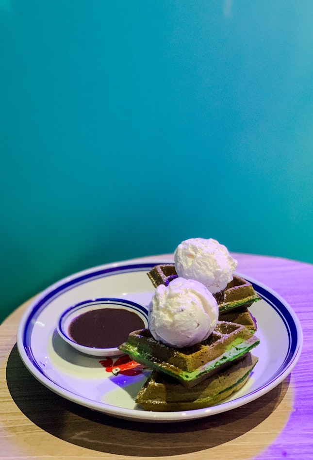 Pandan Gula Melaka Waffles with Lemongrass Pandan & Smoked Milk with Cacao Nibs Ice-Cream, with Childhood Milo Sauce