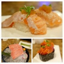 Bottom left: Ootoro sashimi ($27), Spicy Tuna Gunkan ($5), Aburi Salmon Belly sushi ($5).