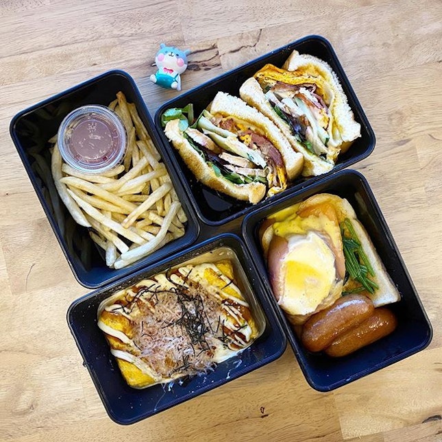 Yummy okonomiyaki-style omelette, poached egg toast, and a regular ol’ club sandwich!