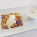 Warm peach tart with corn ice cream, white peach puree and lavendar for #dessert.