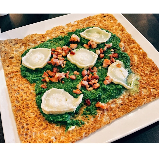 Buckwheat Crêpe with Creamed Spinach, Goat Cheese & Bacon Bits ($21.90+)
