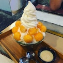 melon bingsu with soft serve ice cream