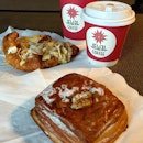 capuccino, flat white, almond crossiant & salted caramel pastry