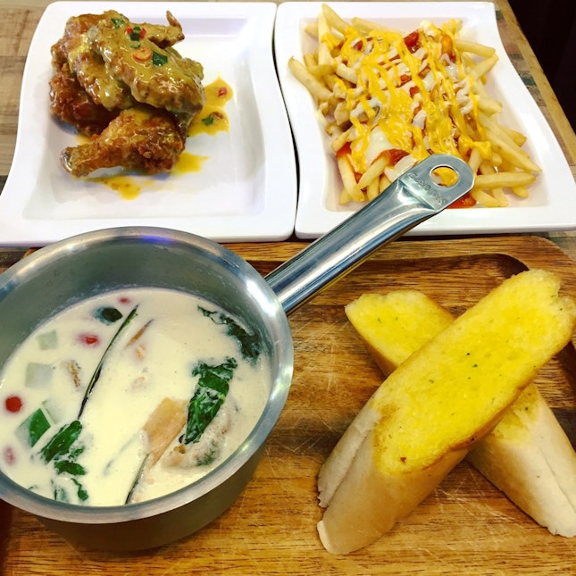 salted egg chicken wings, fries with cheese & meat sauce, clam chowder soup