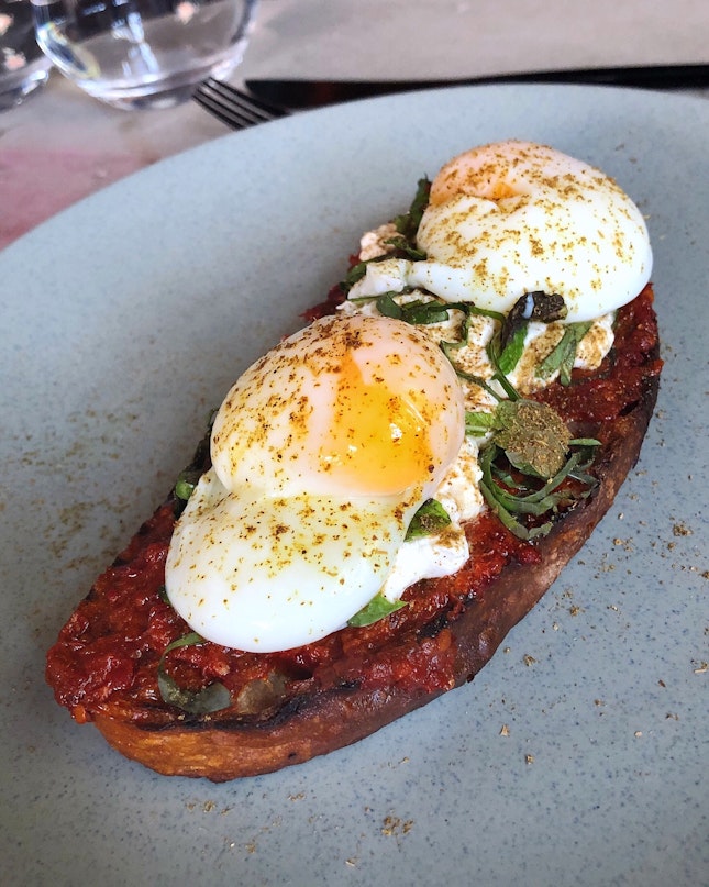 From Their Weekend Brunch Menu: The Nduja and Burrata Toast ($16+)