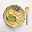 20140817 Spending the evening alone in front of the tv w a bowl of #homemade miso soup w salmon, prawns, napa cabbage, enoki, zucchini & Korean rice cakes.