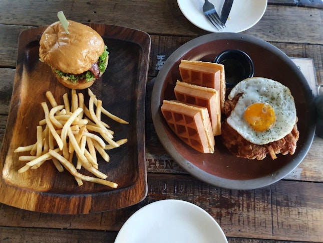 Chicken Waffle And Beef Burger