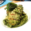 Post-yoga meal: Homemade pesto spaghettini with chargrilled pesto chicken!