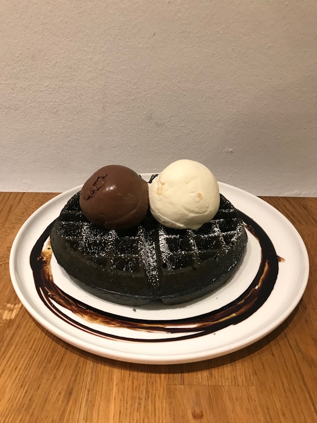 Charcoal Waffle With Dark Chocolate & Apiary Ice Cream $15.50