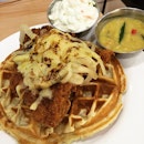 Fried chicken and buttermilk waffle with salted egg sauce.