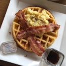 Waffles with Scrambled Eggs & Bacon ($10.90)