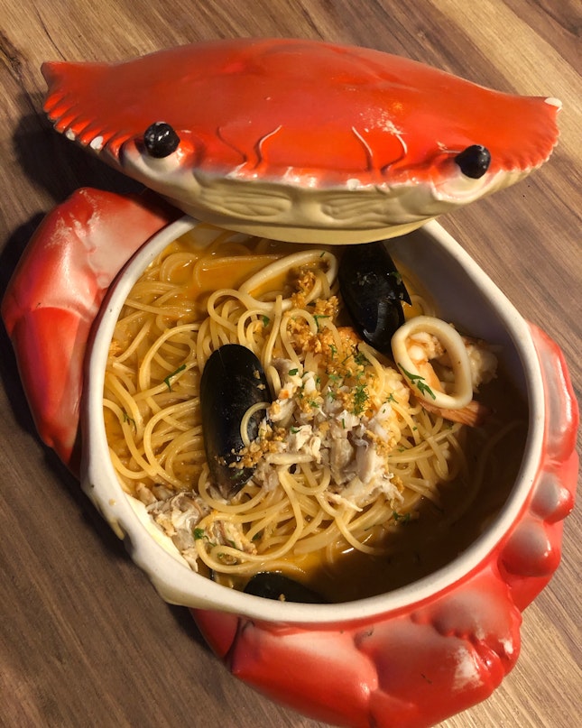 White Seafood Crab Meat Pasta in Rich Seafood Soup