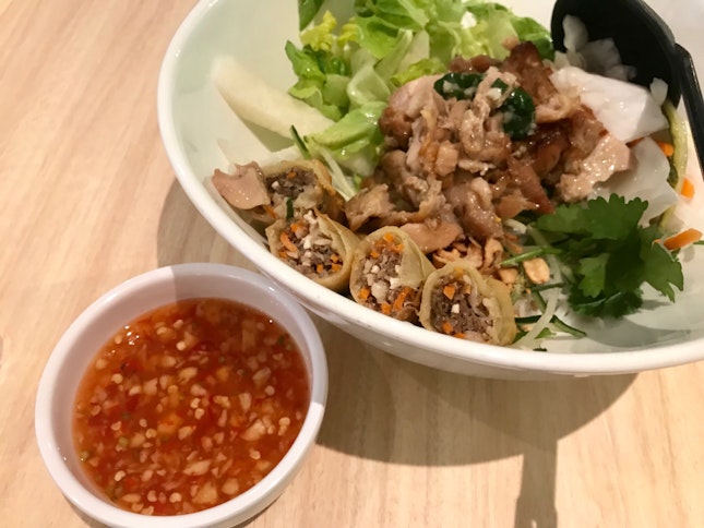 Fresh Noodle with Grilled Lemongrass Chicken & Spring Roll  $10.80