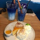 Butterfly Pea Latte (240 THB For 2 Px) + Orange Butter Cake With ice Cream (THB 180)