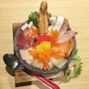 Monthly Special 
Chirashi Deluxe ($28.80++) At first look, I'm disappointed that it is served with a metal spoon.