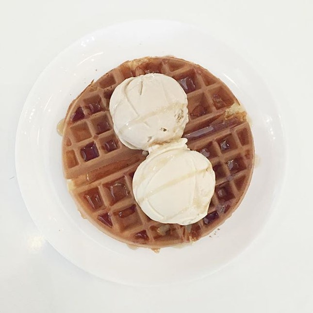 Waffle with 2 scoops of ice cream ($9.90)
Half price for waffle!