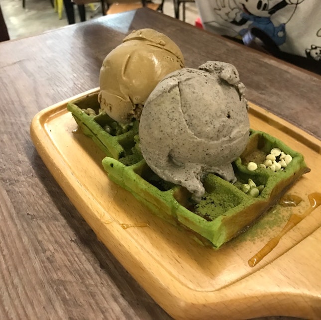 Matcha Waffle with Earl Grey and Sesame Ice Cream