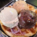Waffle($5) with triple supreme scoop($13)