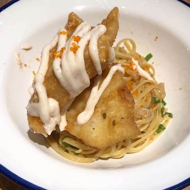 [Tempura Mentaiko Pasta-$16]

One of the new pasta dish available @benjaminbarkercafe .