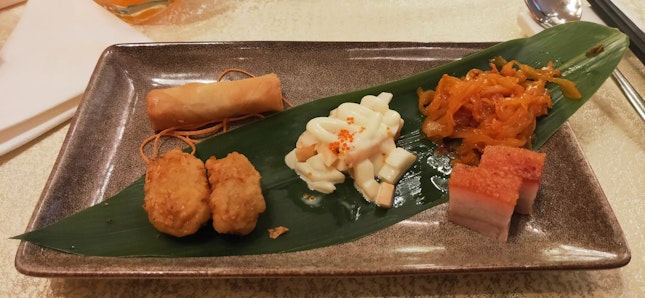 Lobster Salad, Chilled Jellyfish In XO Sauce, Roasted Crispy Pork Cube, Deep-Fried Spring Roll & Deep-Fried Crab Meat Ball
