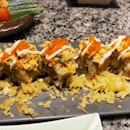Fried Shrimp Tempura With Spicy Salmon Tenkasu Roll