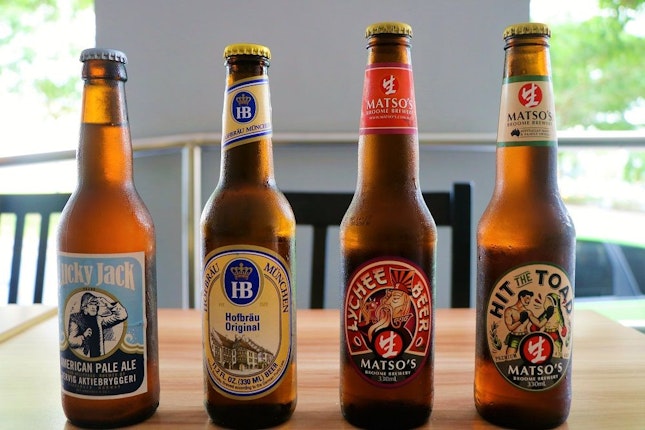 From left to right: Lervig Lucky Jack, Hofbräu München Original, Matso's Lychee Beer, and Matso's Hit the Toad