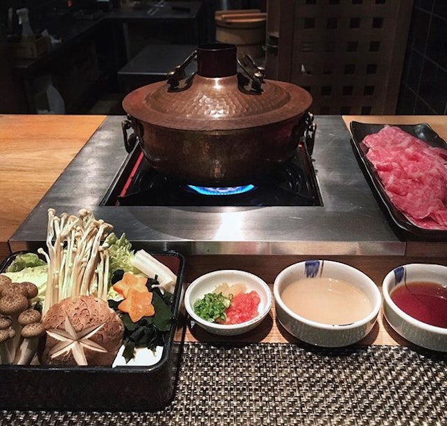 Get cozy with me around the pot of mushroom broth and Shabu Shabu with A4 Ribeye [$92] that just melt-in-your-mouth.