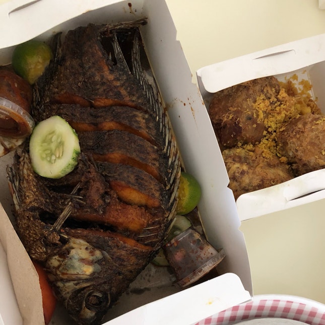 Grilled Tilapia Fish $11.9, Potato Bergedil $3.9 for 3 (delivery)