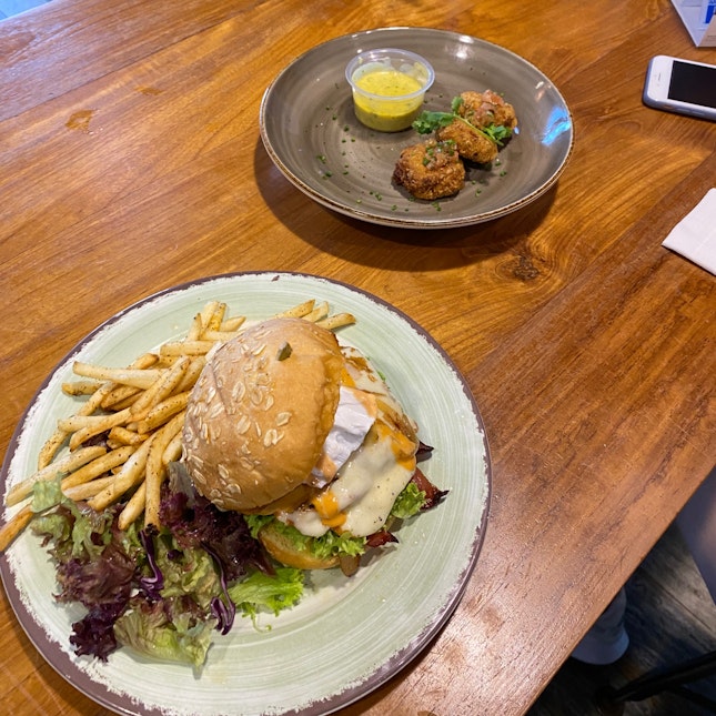 Best Bacon Burger $17, Crab cake with salted egg sauce $11