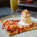 Peach Crêpes | Japanese poached peach, crème Chantilly, caramelised almonds, red fruit coulis, vanilla bean ice cream