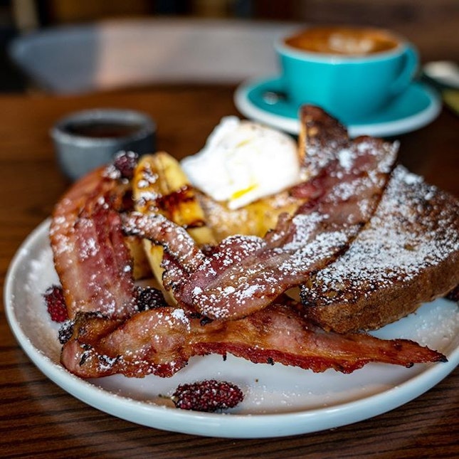 Bacon & Butter French Toast | brioche, bacon, caramelised banana, poached egg, mulberries, maple syrup