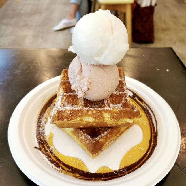 Waffles with Double Scoop Ice Cream