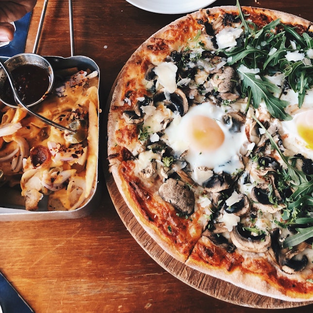 Addictive Cheese Fries ($16) and 13” Pizza (The Morning After + Truffle And Egg) ($27.50)