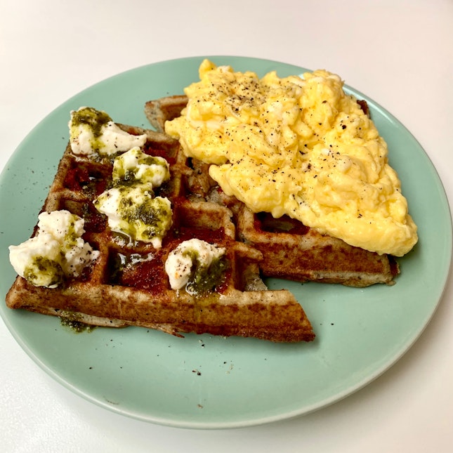 Tiann’s waffles w scrambled eggs & fresh mozerella (smoked trout was OOS that day)