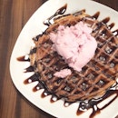 Dessert after a very filling dinner~ Waffle with powerberries sorbet 😋